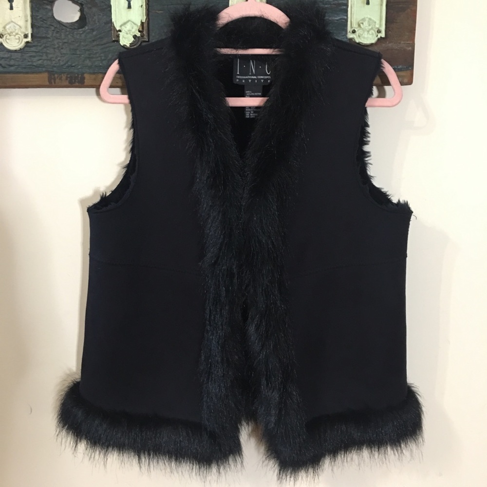 INC International Concepts Black Faux Suede and Fur Vest Size Medium Petite